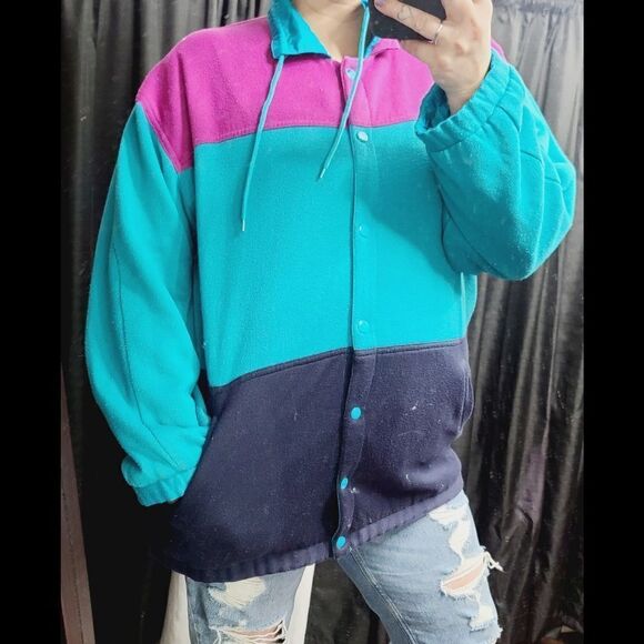 Vintage 90s Color Block Reversible Sweatshirt Windbreaker Jacket - Picture 12 of 13